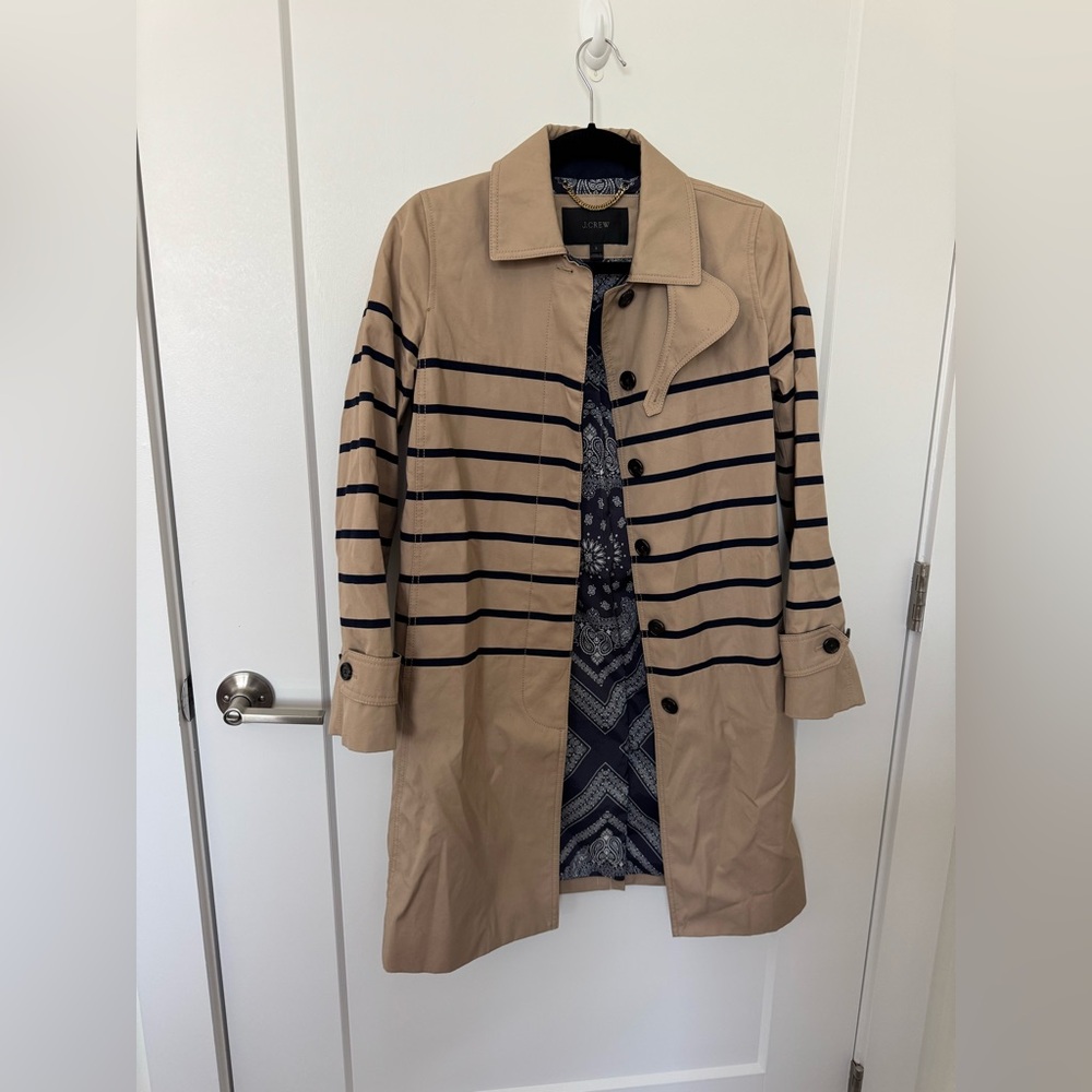 J. Crew Tan and Navy Striped Trench Coat